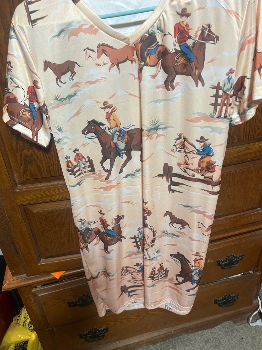 Men's Western Cowboy Print Short Sleeve Shirt - Cream